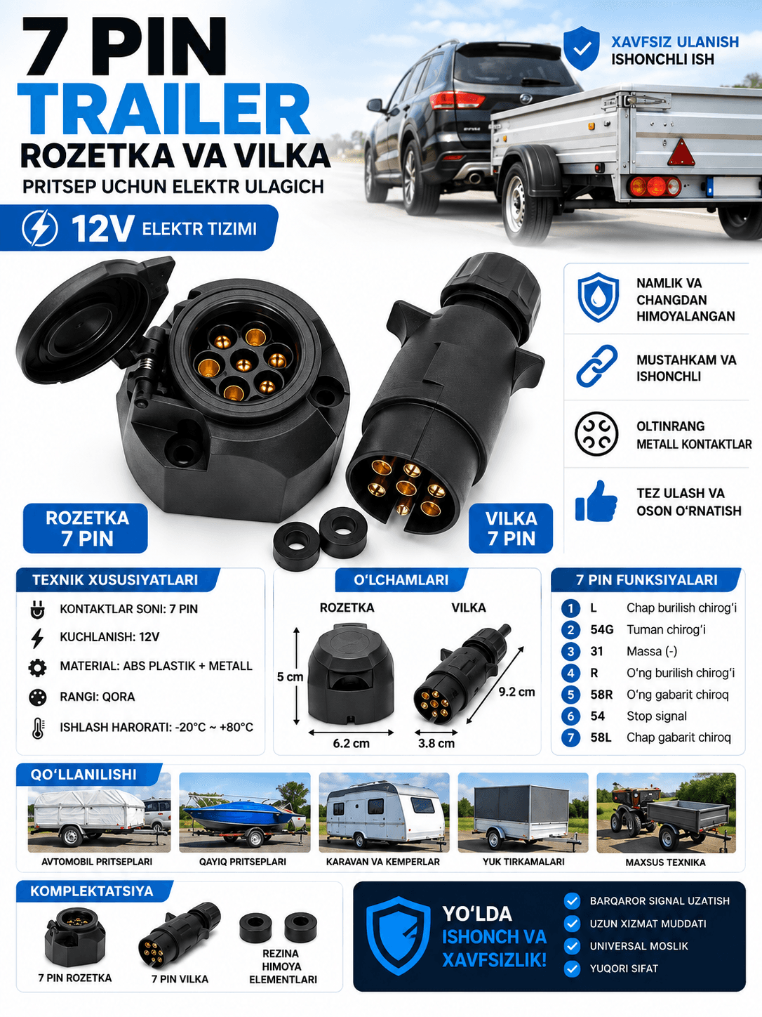 Avto va pritsep uchun 7 PIN rozetka va vilka (Prisp shtikker plasmas)